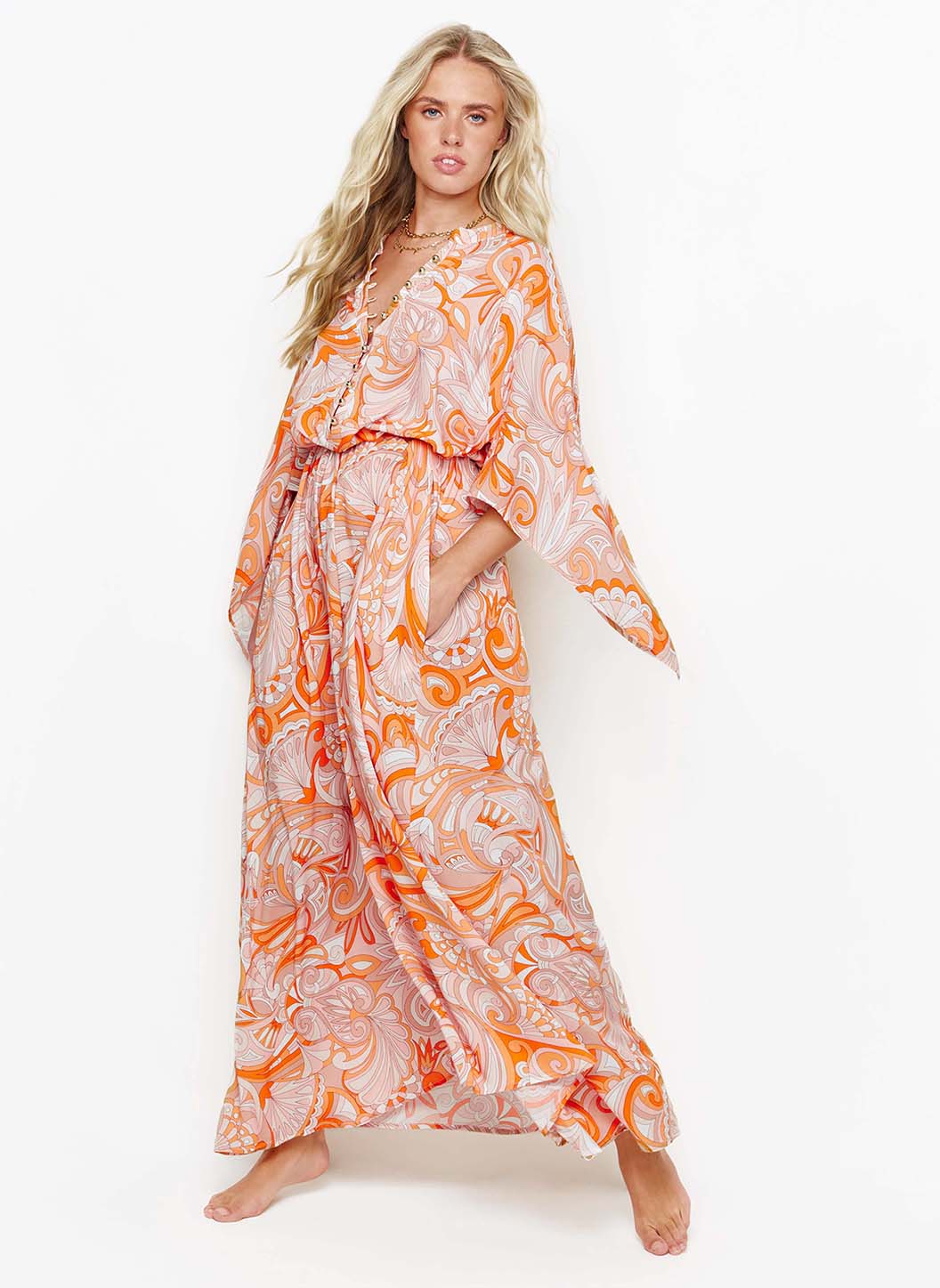 Coral Mirage Floral Long Kaftan Dress - Red & Multicolor main image 1