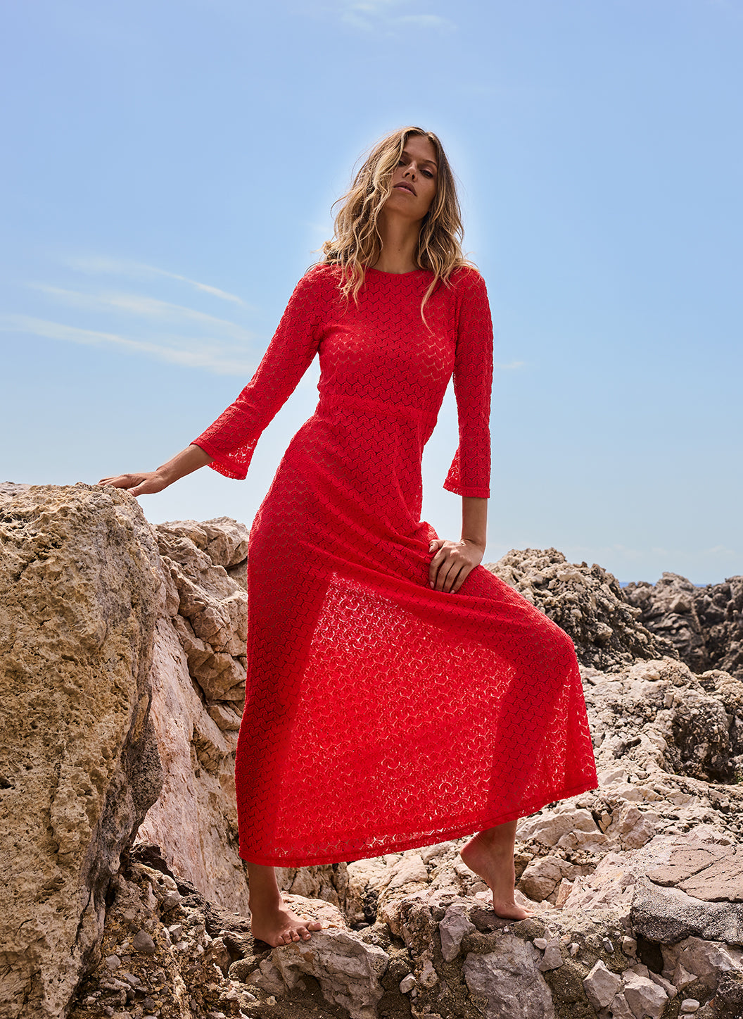 Juno Red High Neck Maxi Knit Dress | Official Site