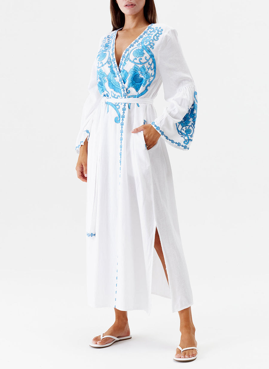 Melissa Odabash Romily White/Blue Embroidered Long Kaftan - 2024 Collection