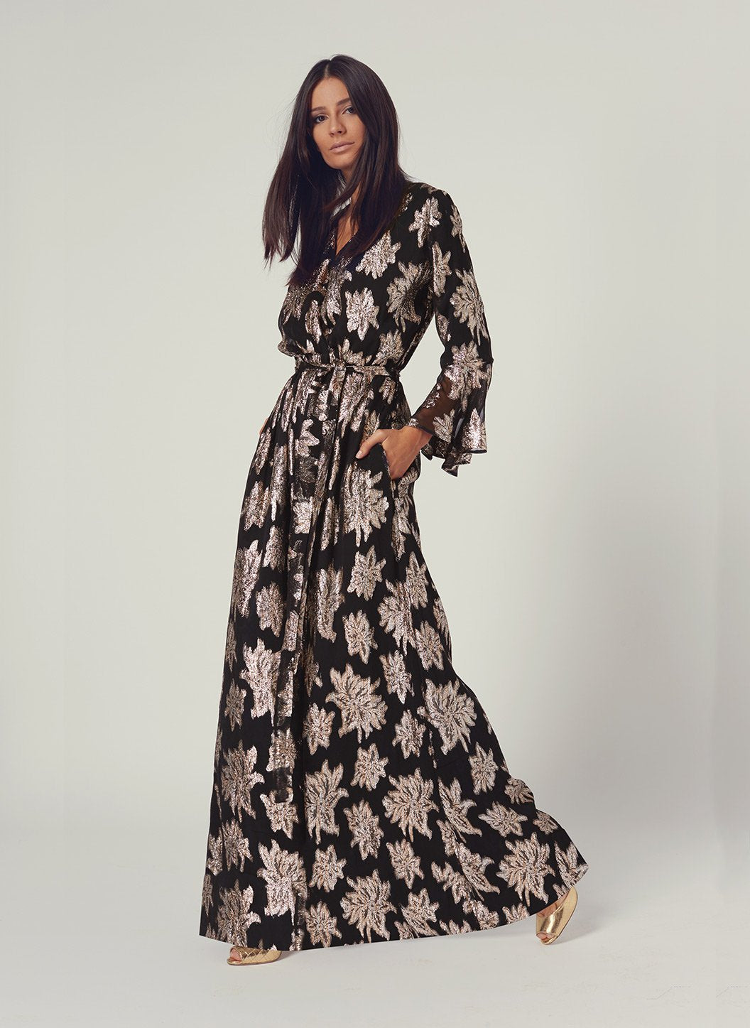 Look 17 Flare Sleeve Maxi Dress Gold Flower | Official Site Look 17 Flare Sleeve Maxi Dress Gold Flower | Official Site