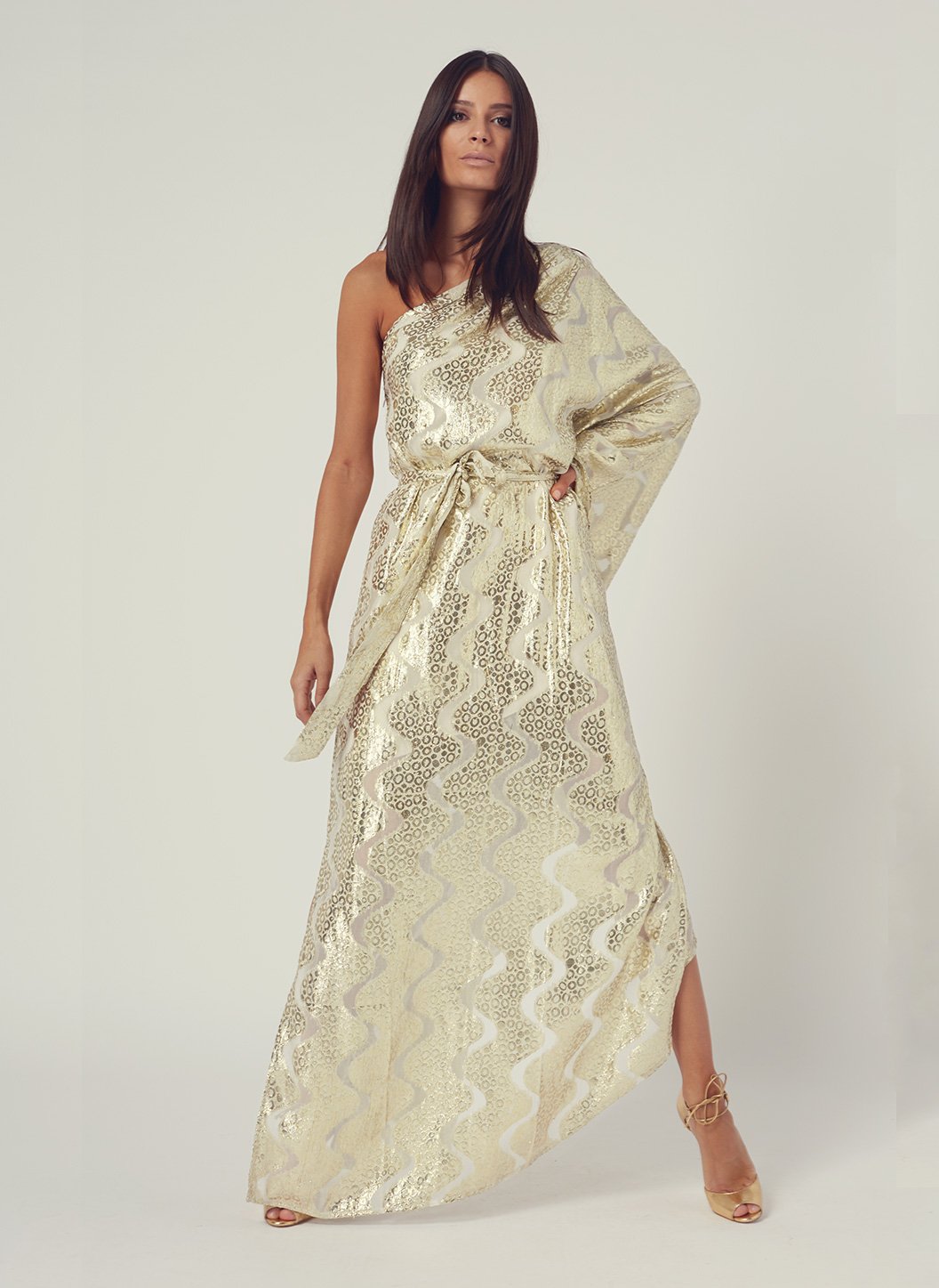 Look 6 One Sleeve Belted Maxi Dress Gold Shimmer | Official Site Look 6 One Sleeve Belted Maxi Dress Gold Shimmer | Official Site