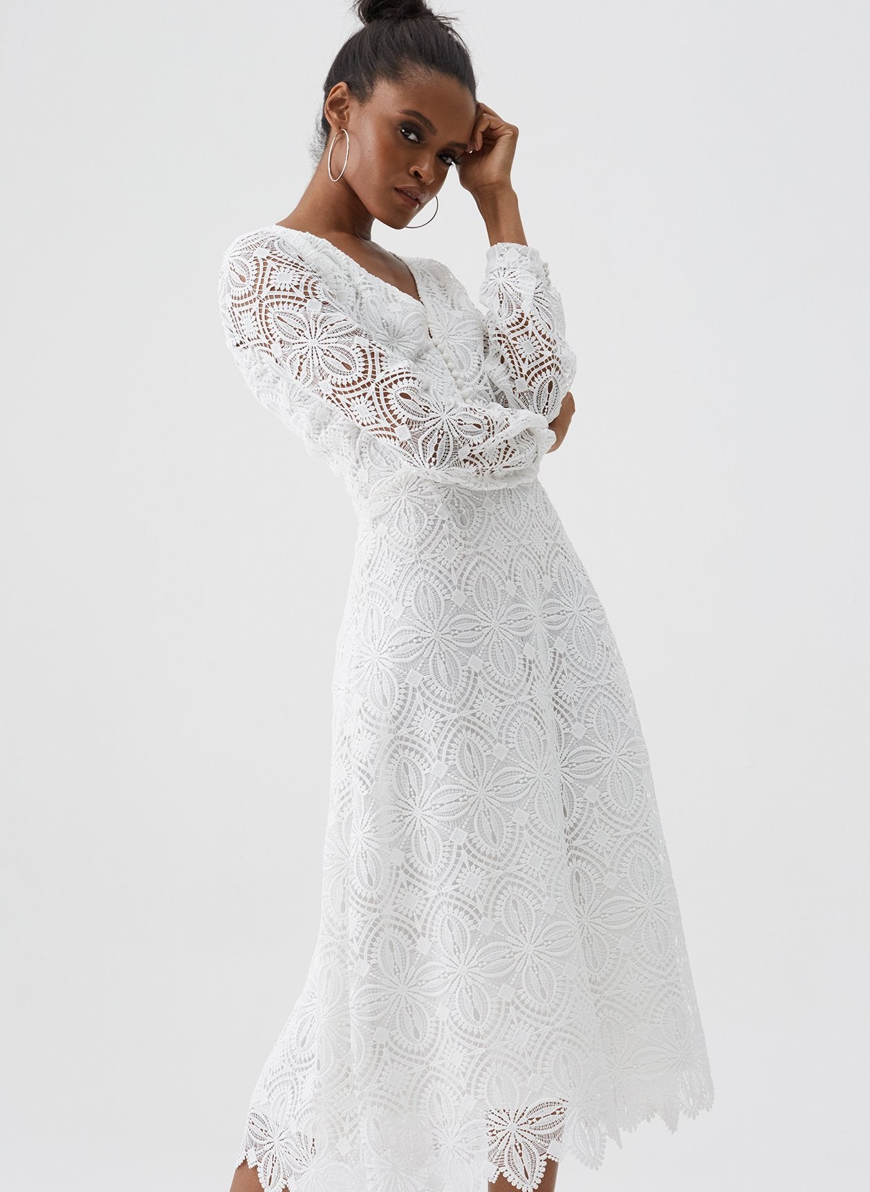 Bardot White Lace V Neck Midi Dress Official Site