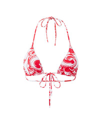 Red and white patterned bikini top on a white background