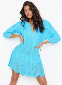 Melissa Odabash Ashley Turquoise Embroidered Classic Short Kaftan - 2024 Collection