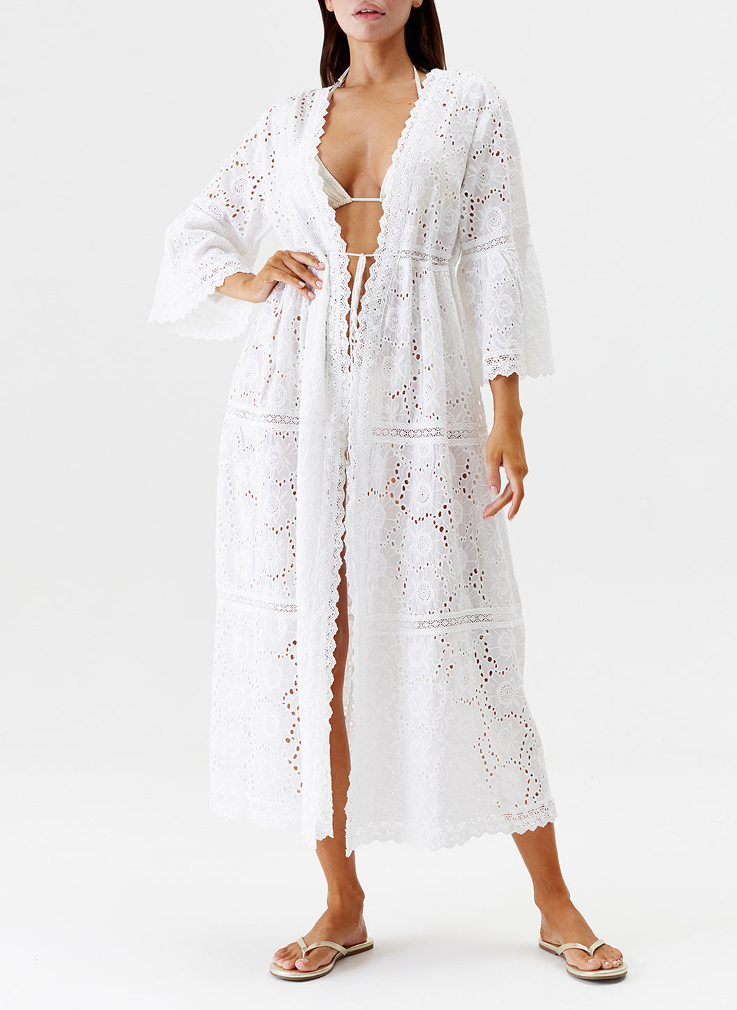 Melissa Odabash Ava White Embroidery Anglouse Long Beach Jacket - 2024 Collection