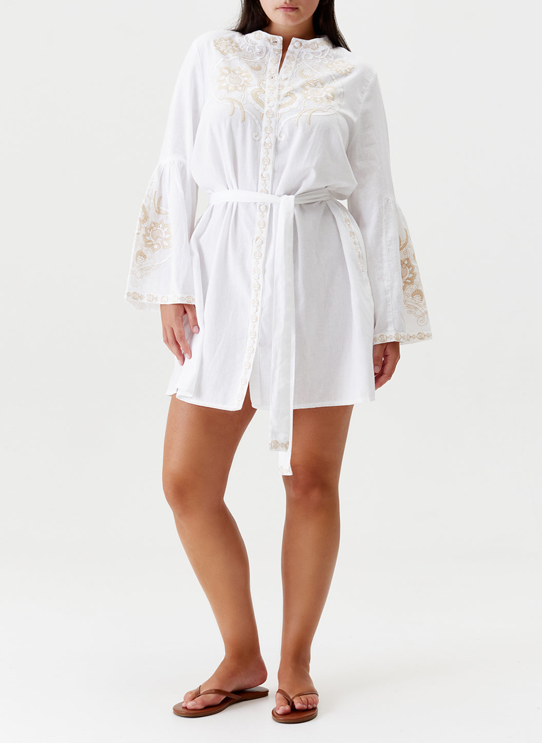 Melissa Odabash Everly White/Tan Embroidered Short Kaftan - 2024 Collection