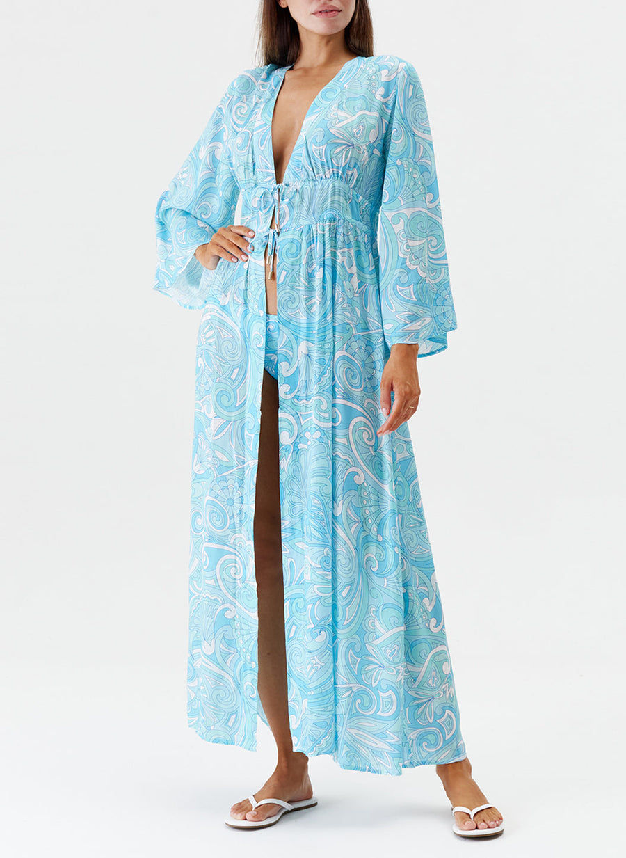 Melissa Odabash Farrah Mirage Blue Long Sleeve Tie Front Beach Jacket - 2024 Collection