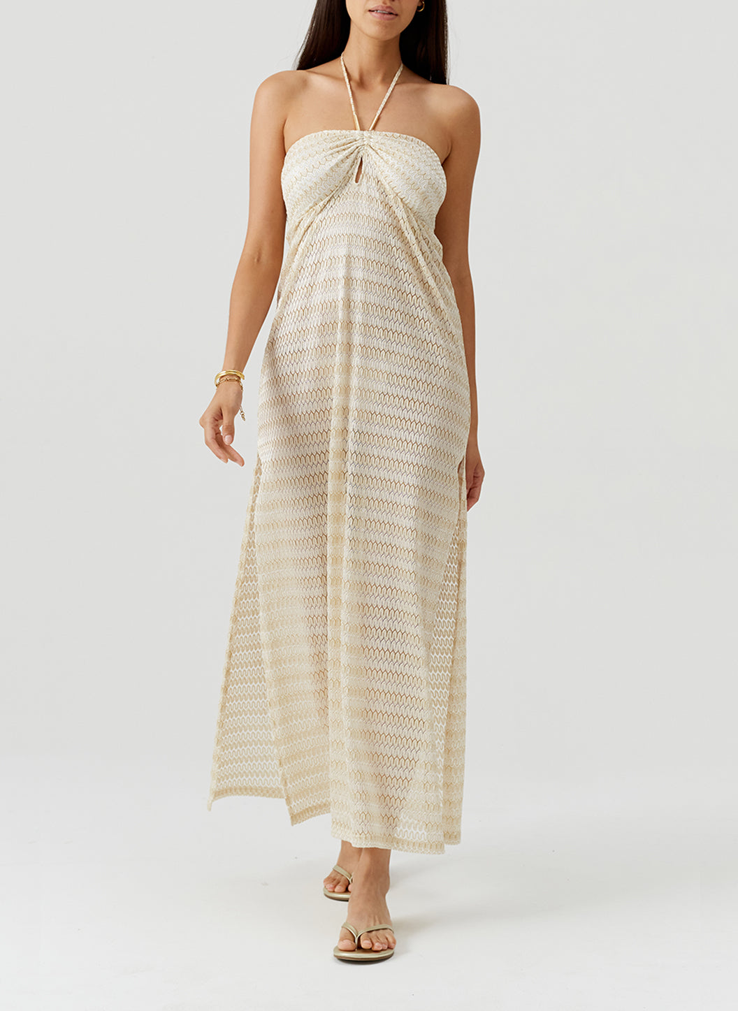 Mila Gold Halter Long Knit Dress | Official Site