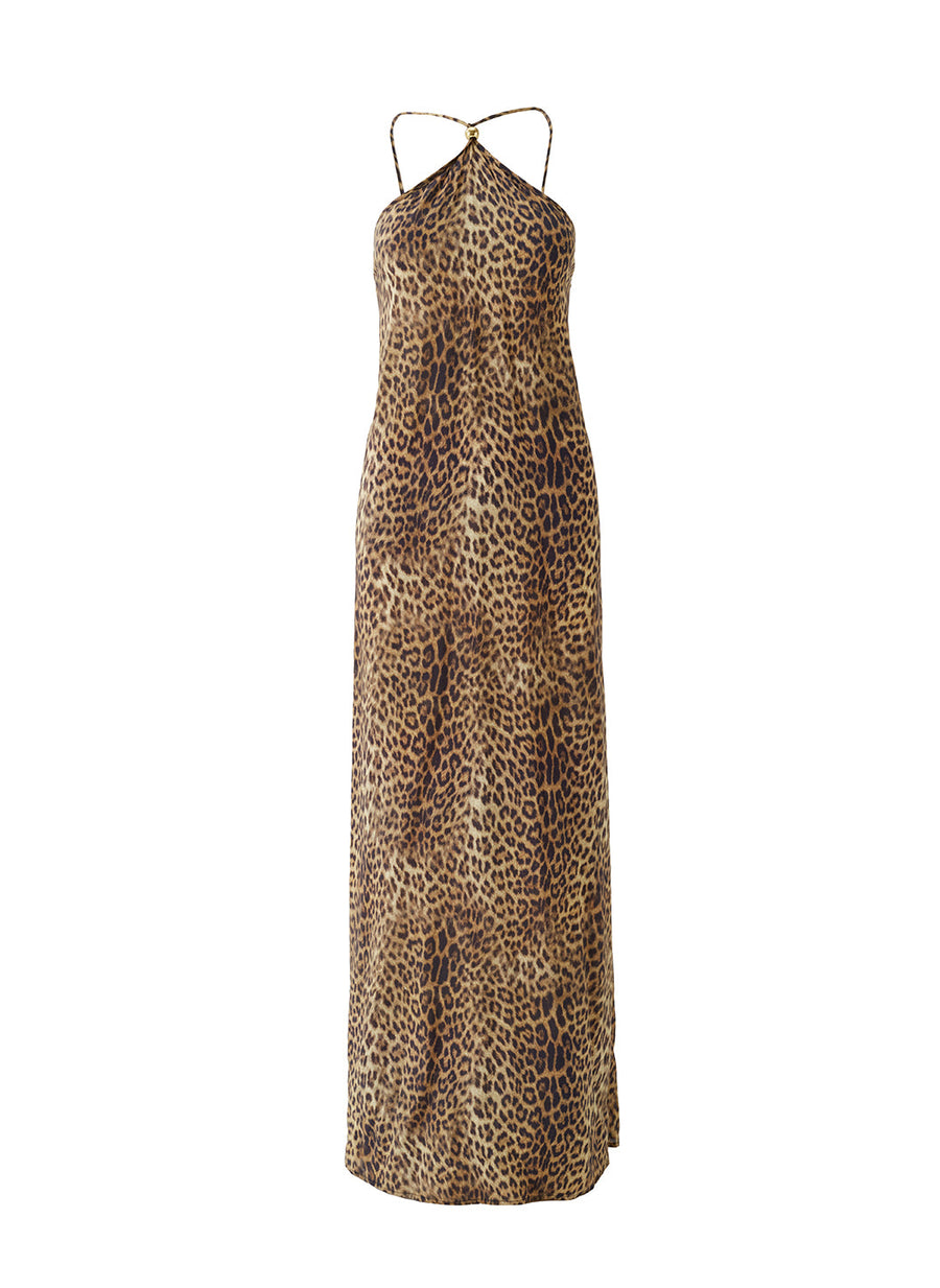 Sage Cheetah Maxi Chiffon Dress