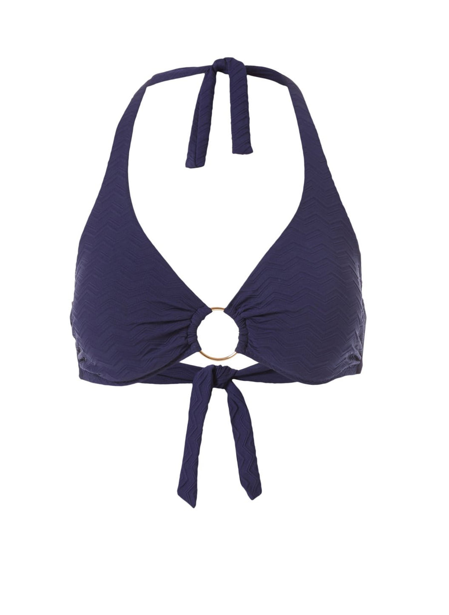 Brussels Navy Zigzag Halterneck Ring Supportive Bikini Top