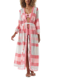 drew pink knit open front long kaftan model_F