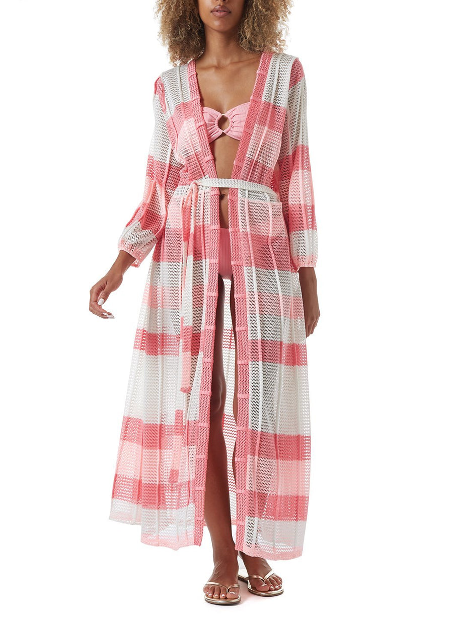 drew pink knit open front long kaftan model_F