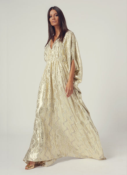 Look 5 Empire Line Maxi Dress Gold Shimmer