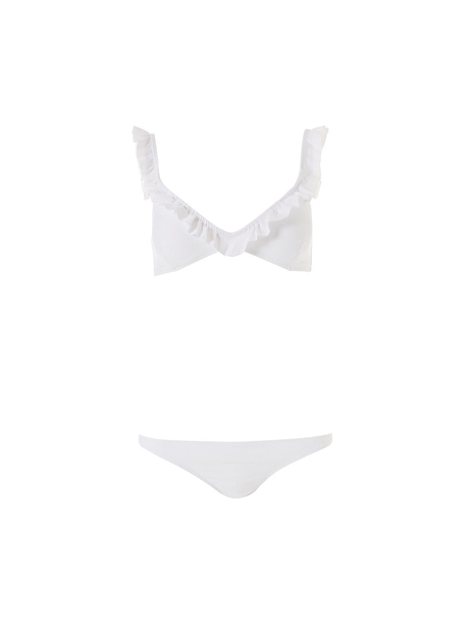 New York White Ribbed Frill Over The Shoulder Bralette Bikini 2020