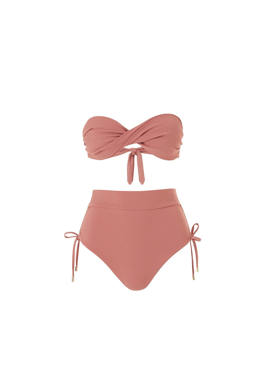 Thailand Dusty Rose Ribbed Rouched High Waisted Bandeau Bikini 2020