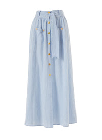 Alisa Denim Stripe Button Down Belted Maxi Skirt 2020