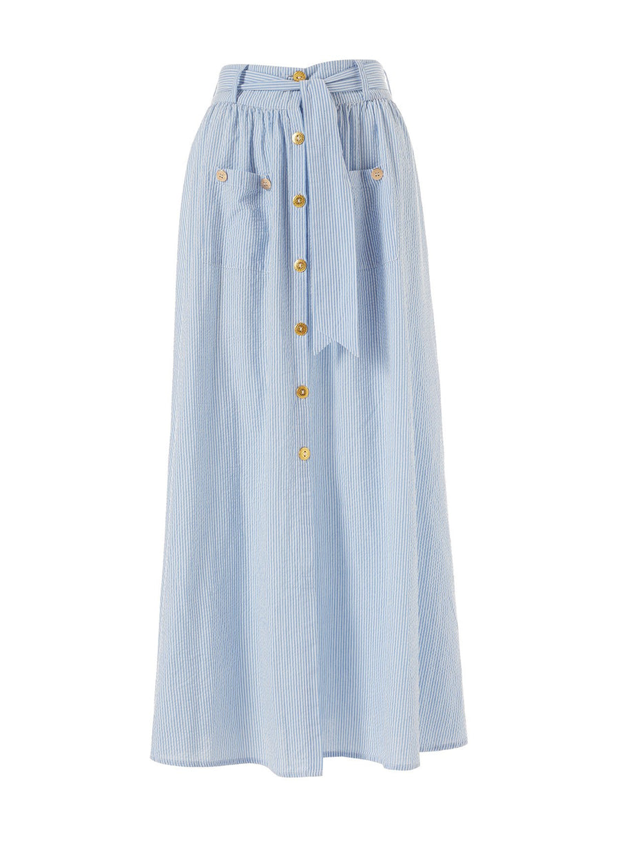 Alisa Denim Stripe Button Down Belted Maxi Skirt 2020