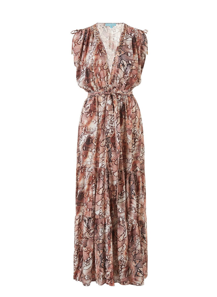 Aria Snake V-Neck Gathered Shoulder Maxi Dress 2020