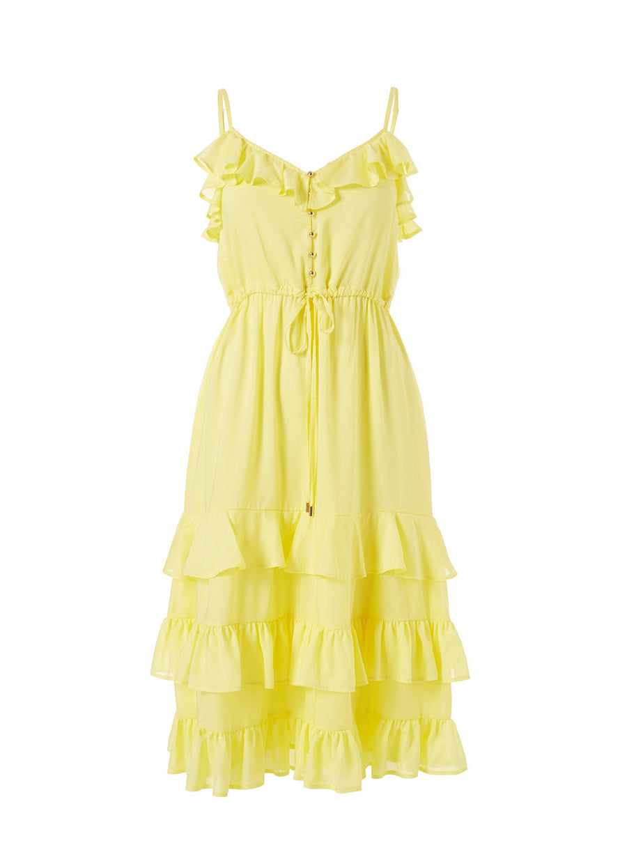 Bethan Yellow Frill Over The Shoulder Midi Dress 2020