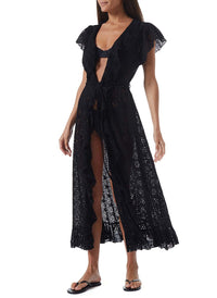brianna black frill open front kaftan model_F
