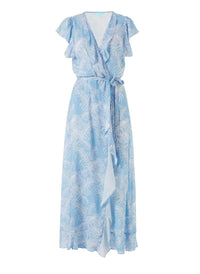 Brianna Tropical Blue Frill Wrap Front Maxi Dress 2020