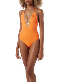 casablanca orange branded trim halterneck swimsuit model_F