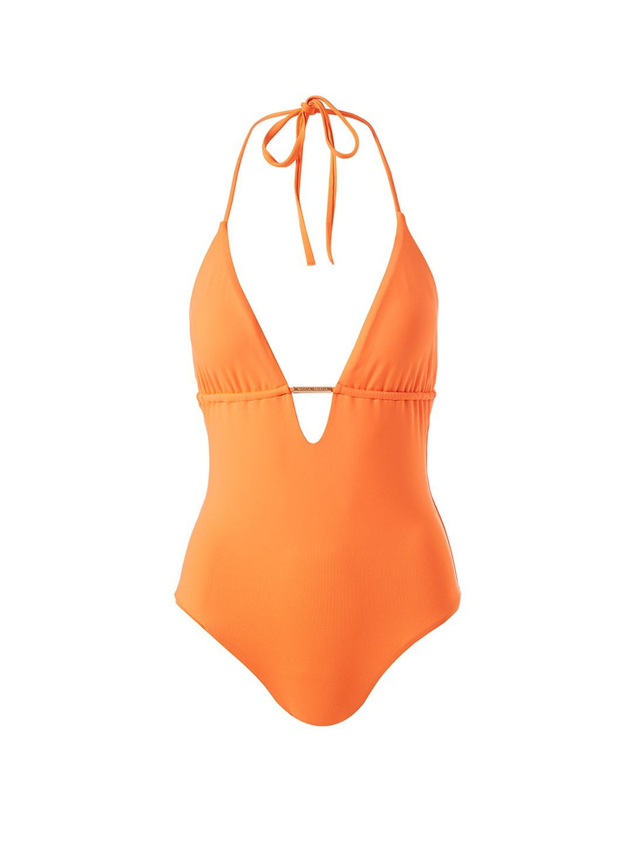 casablanca orange branded trim halterneck swimsuit