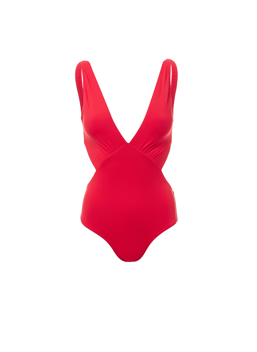 Delmar Red Over The Shoulder V-Neck Cut Out Swimsuit