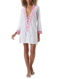 dora white hot pink embroidered lace up short kaftan model_F