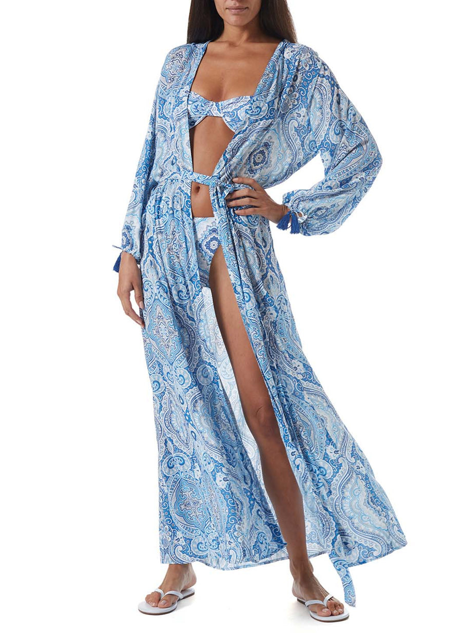 gabby blue paisley open front long kaftan model_F