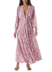 gabby pink floral open front long kaftan model_F