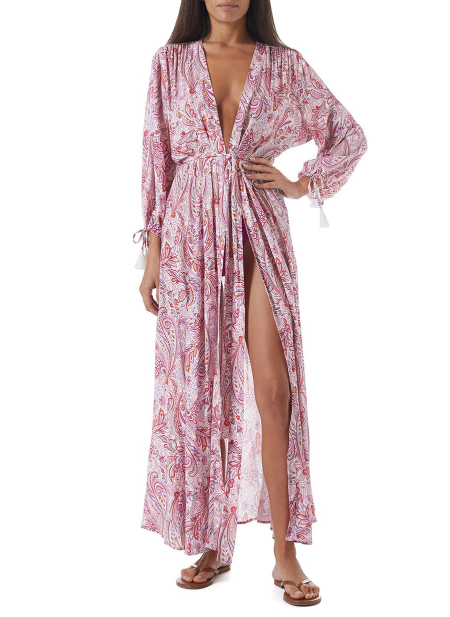 gabby pink floral open front long kaftan model_F_2