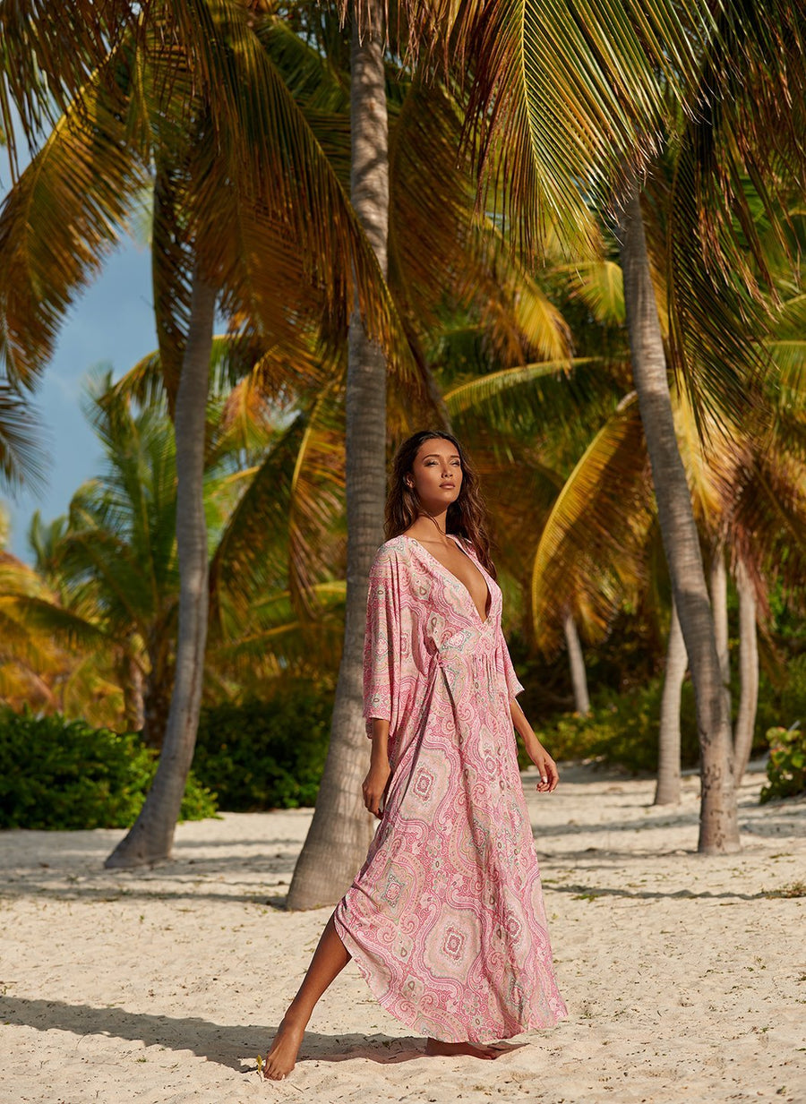 gabriella blush paisley v neck long kaftan-lifestyle