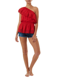 joanna red oneshoulder embroidered frill top 2019 F