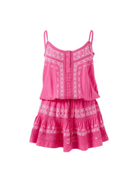 karen hot pinkwhite embroidered over the shoulder short dress