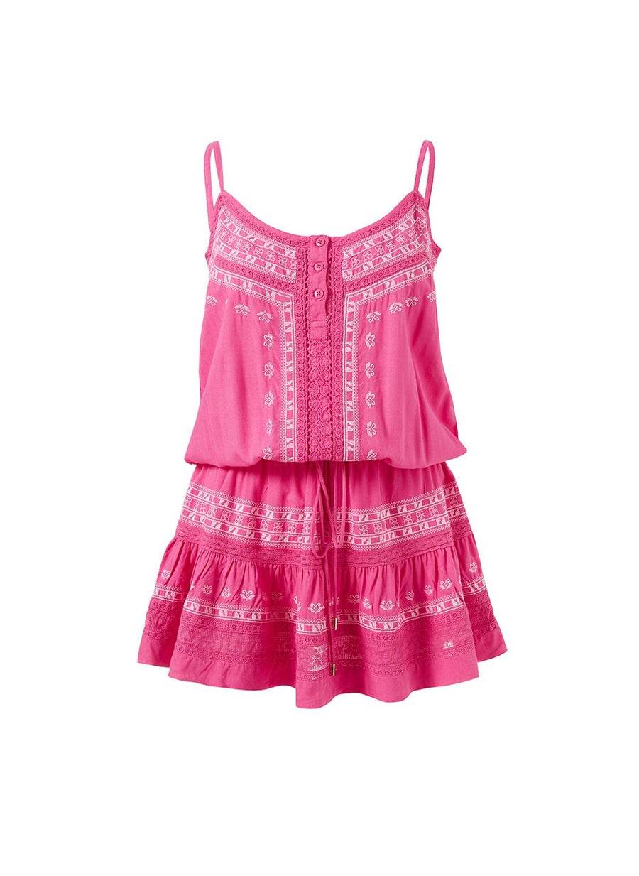 karen hot pinkwhite embroidered over the shoulder short dress