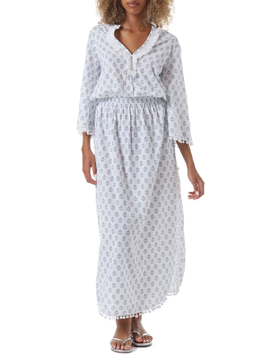 kari aztec pom pom trim long kaftan model_F