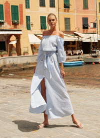 Alisa Denim Stripe Button Down Belted Maxi Skirt 2020