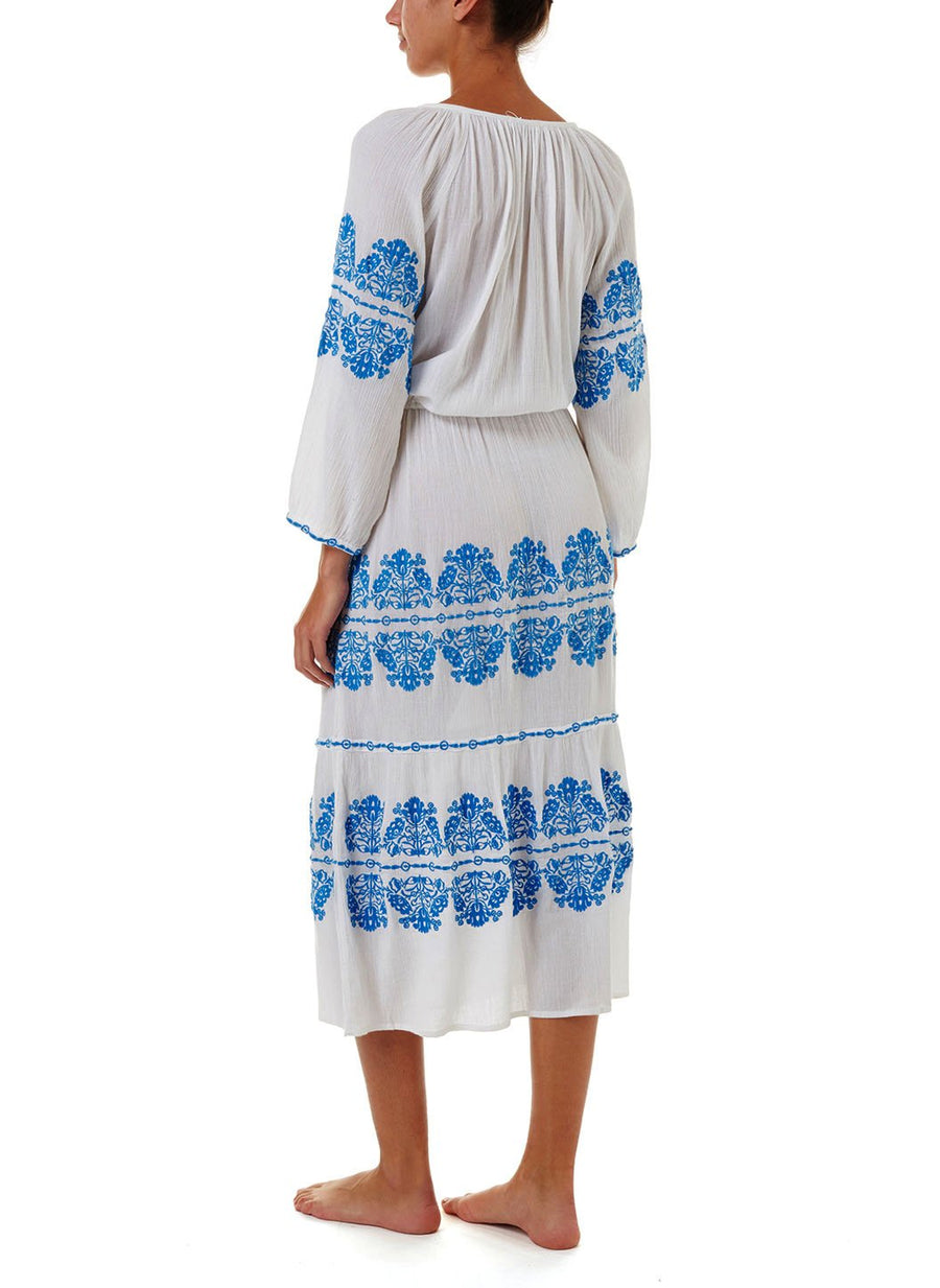 lillie white blue embroidered long sleeve belted midi dress 2019 B