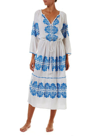 lillie whiteblue embroidered long sleeve belted midi dress 2019 F
