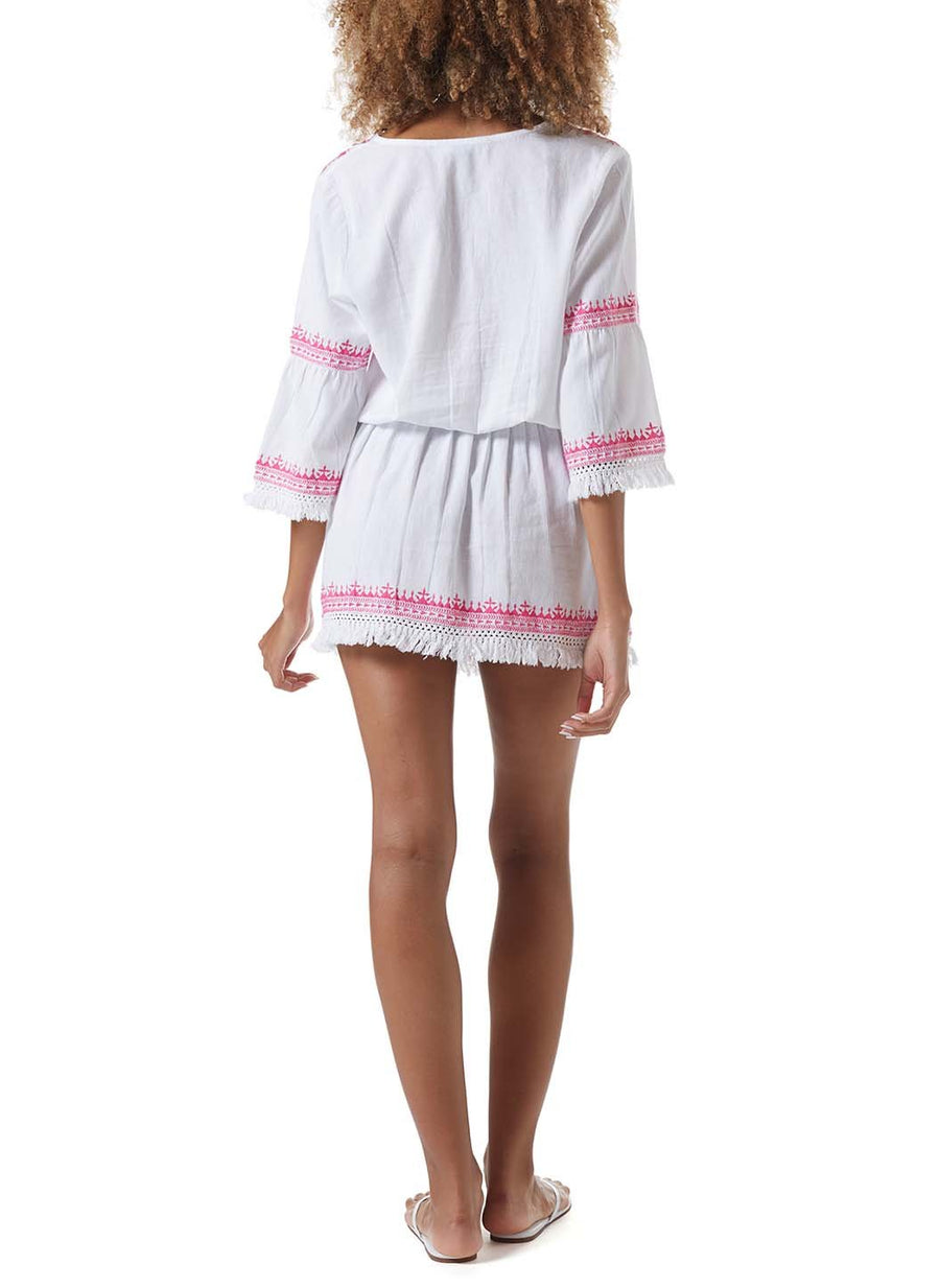 martina white hot pink embroidered lace up dress model_B
