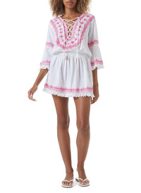 martina white hot pink embroidered lace up dress model_F