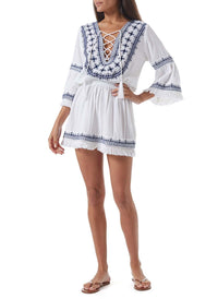 martina white navy embroidered lace up dress model_F