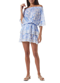 micha blue tropical off the shoulder short dress model_F