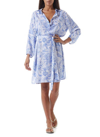 missie blue tropical belted button down short dress model_F
