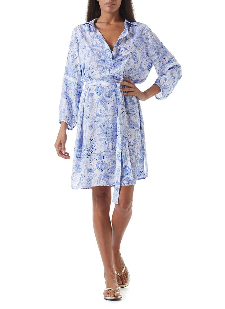 missie blue tropical belted button down short dress model_F