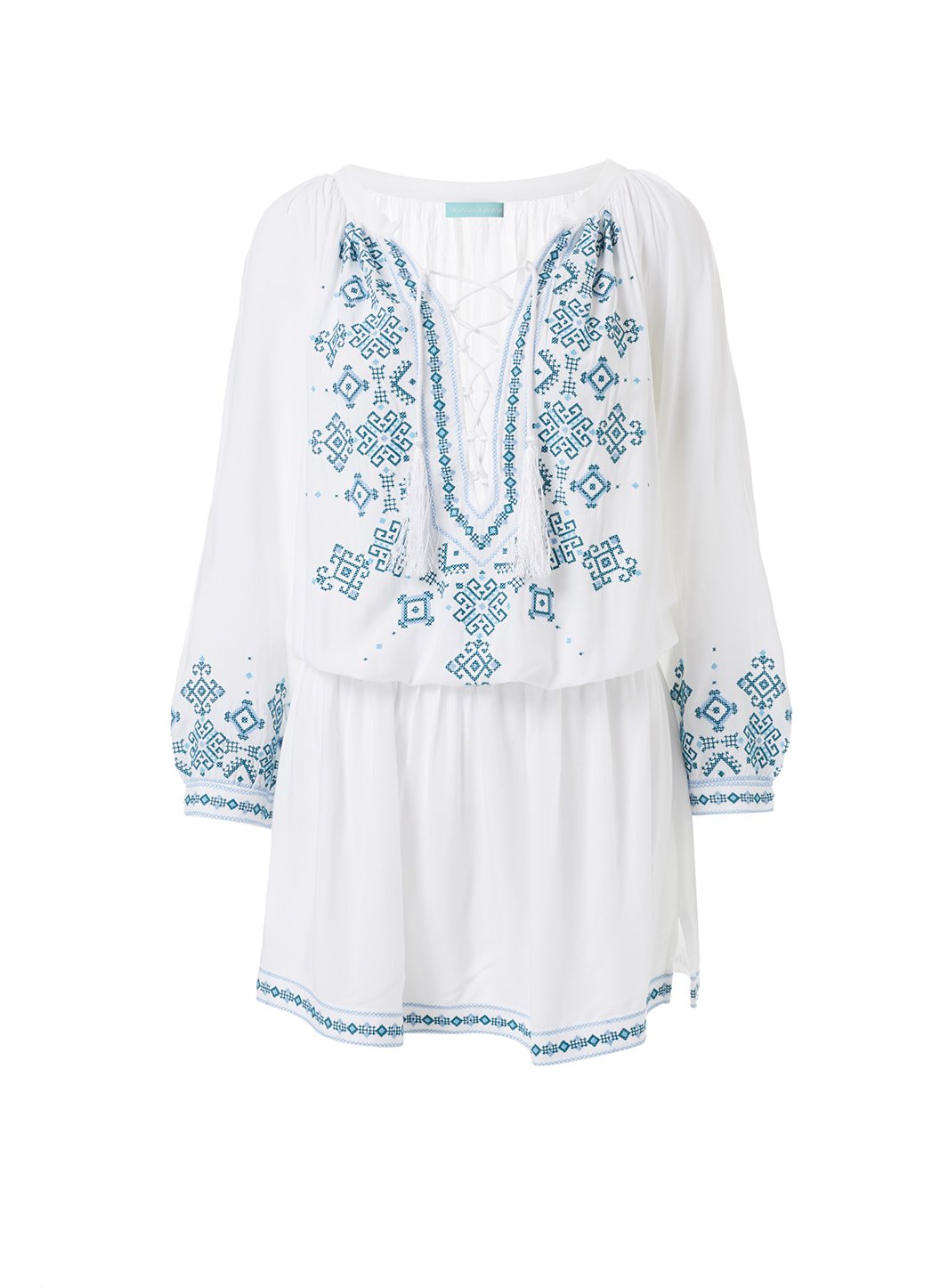 Nadja White Mint Green Embroidered 3 4 Sleeve Short Beach Dress Melissa Odabash