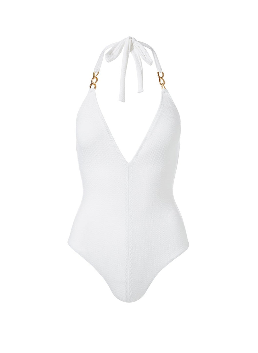 naples white mazy link trim halterneck swimsuit Cutout