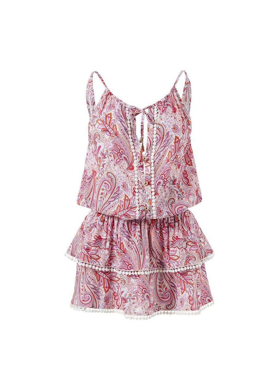 rosa pink floral over the shoulder tiered short dress