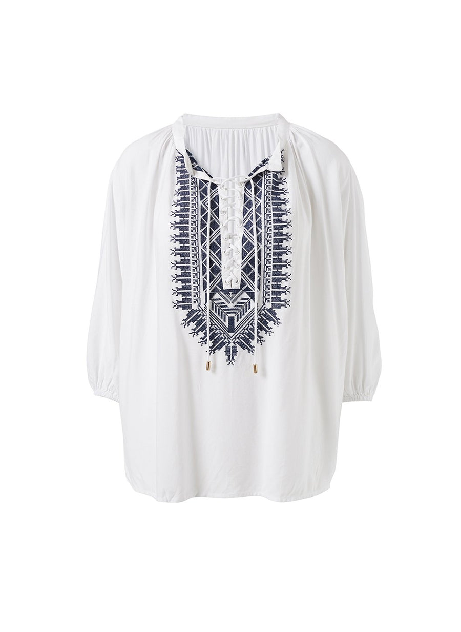 Melissa Odabash Simona White/Navy Embroidered Top | Official Website